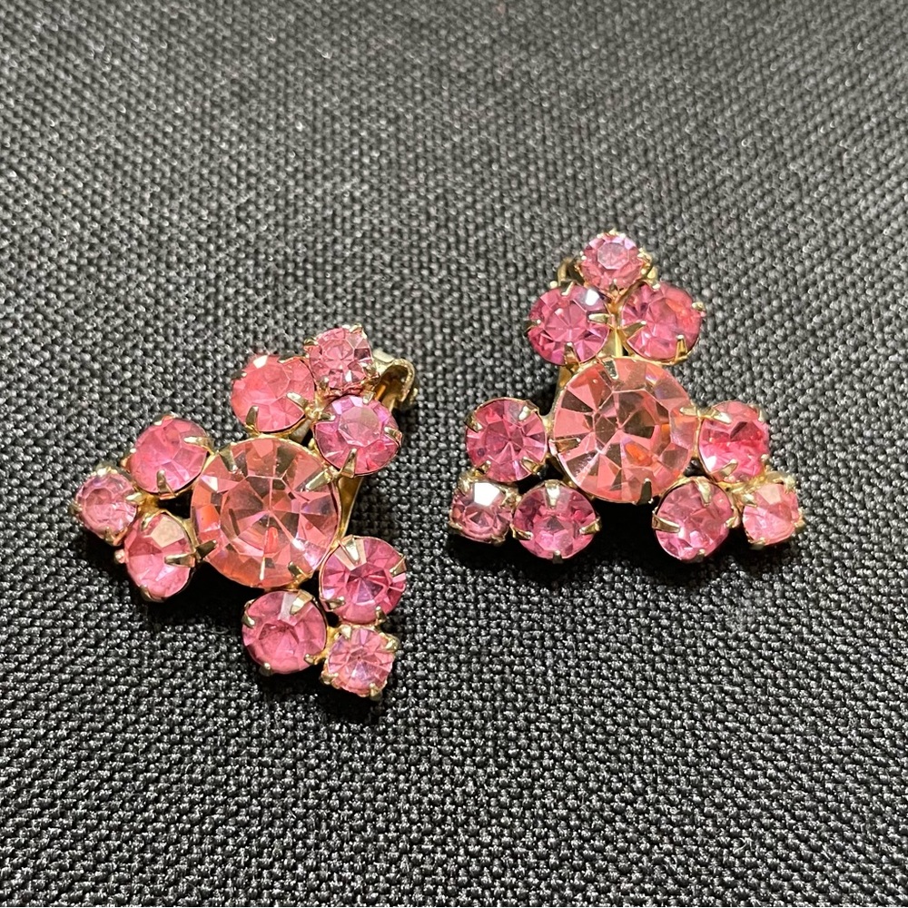 Vintage Rhinestone Pink Cluster Clip-On Earrings Mid Century Jewelry 1950 - 1960